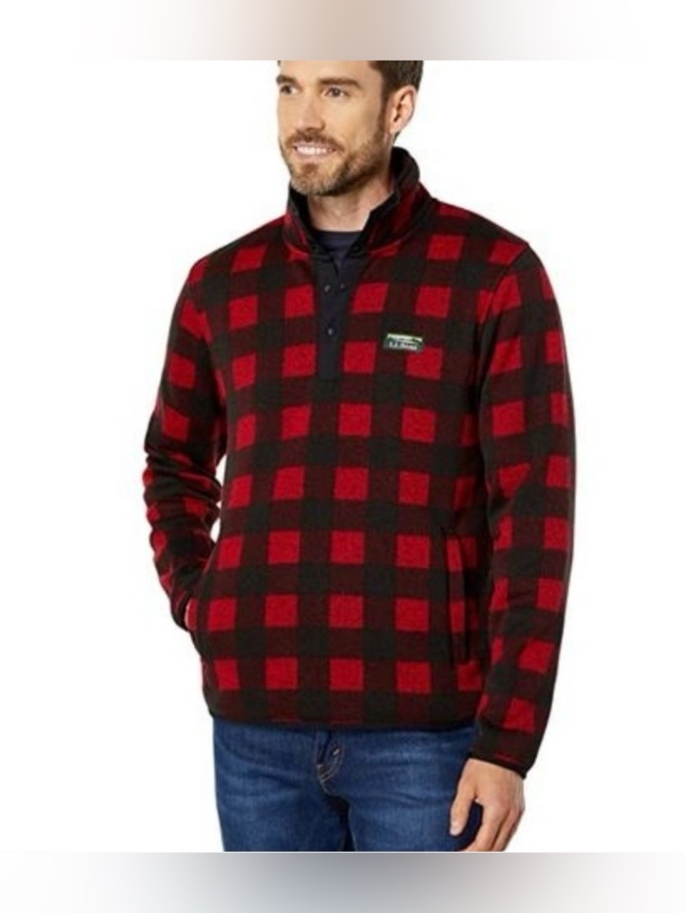 LL Bean Sweater Fleece Pullover Red Black Buffalo Plaid Snap Mock Neck 500757 L